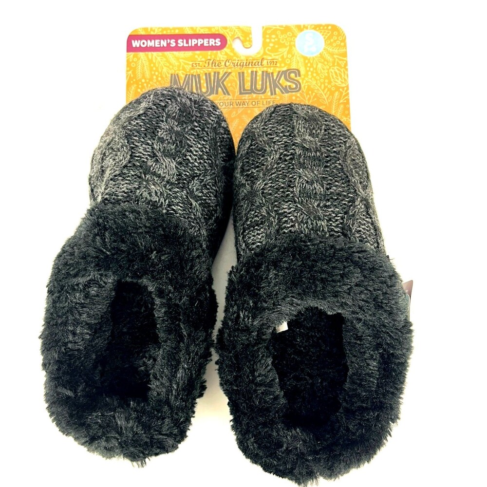 MUK LUKS Womens Clog Slippers SZ 5-6 Dk gray Cable Knit faux Fur Slip on Comfort